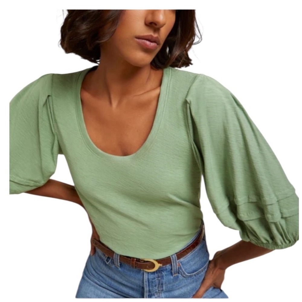 Nation LTD Nigella Tee Shirt Clover Green Tier Puff Sleeve Pima Cotton Top M